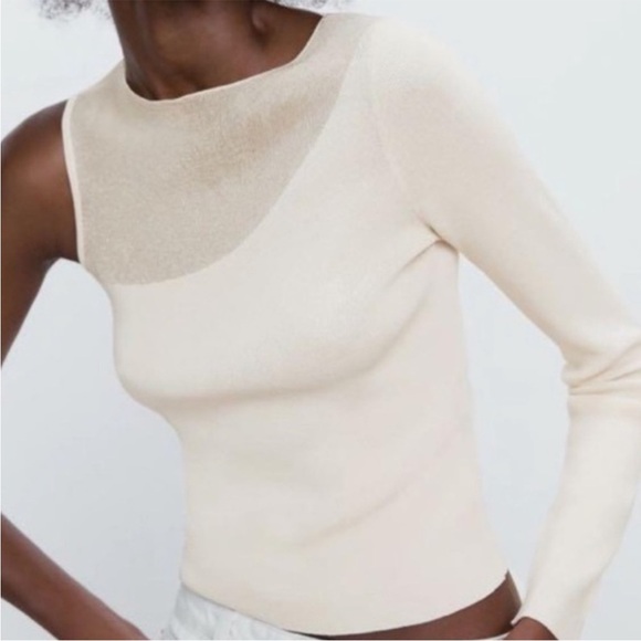 Zara Ivory Illusion Sheer Neck One Shoulder Asymmetric Knit Top size small - Picture 3 of 8